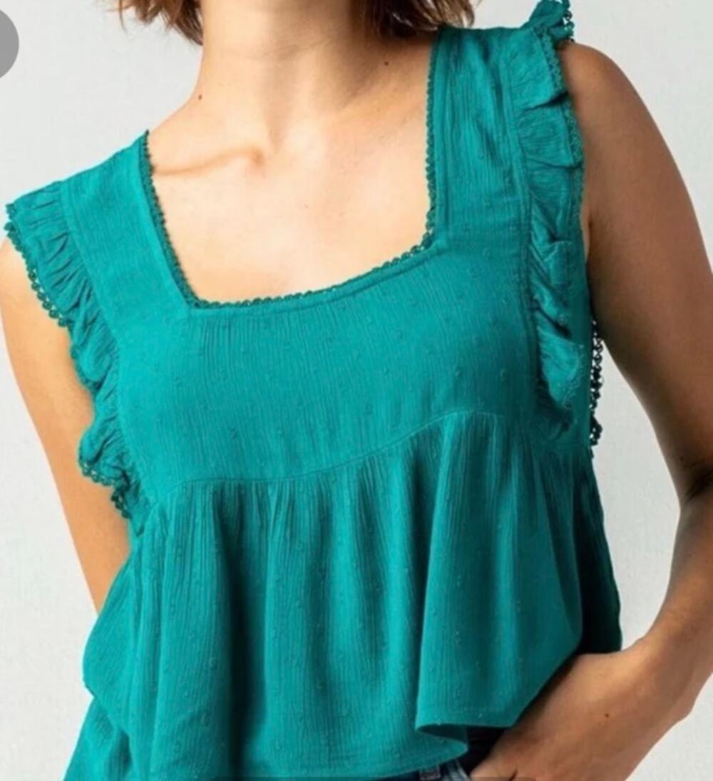 O'Neill Ruffled Teal Crop Top Tie Back, Boho, Ruffle, Cropped, Women's size M